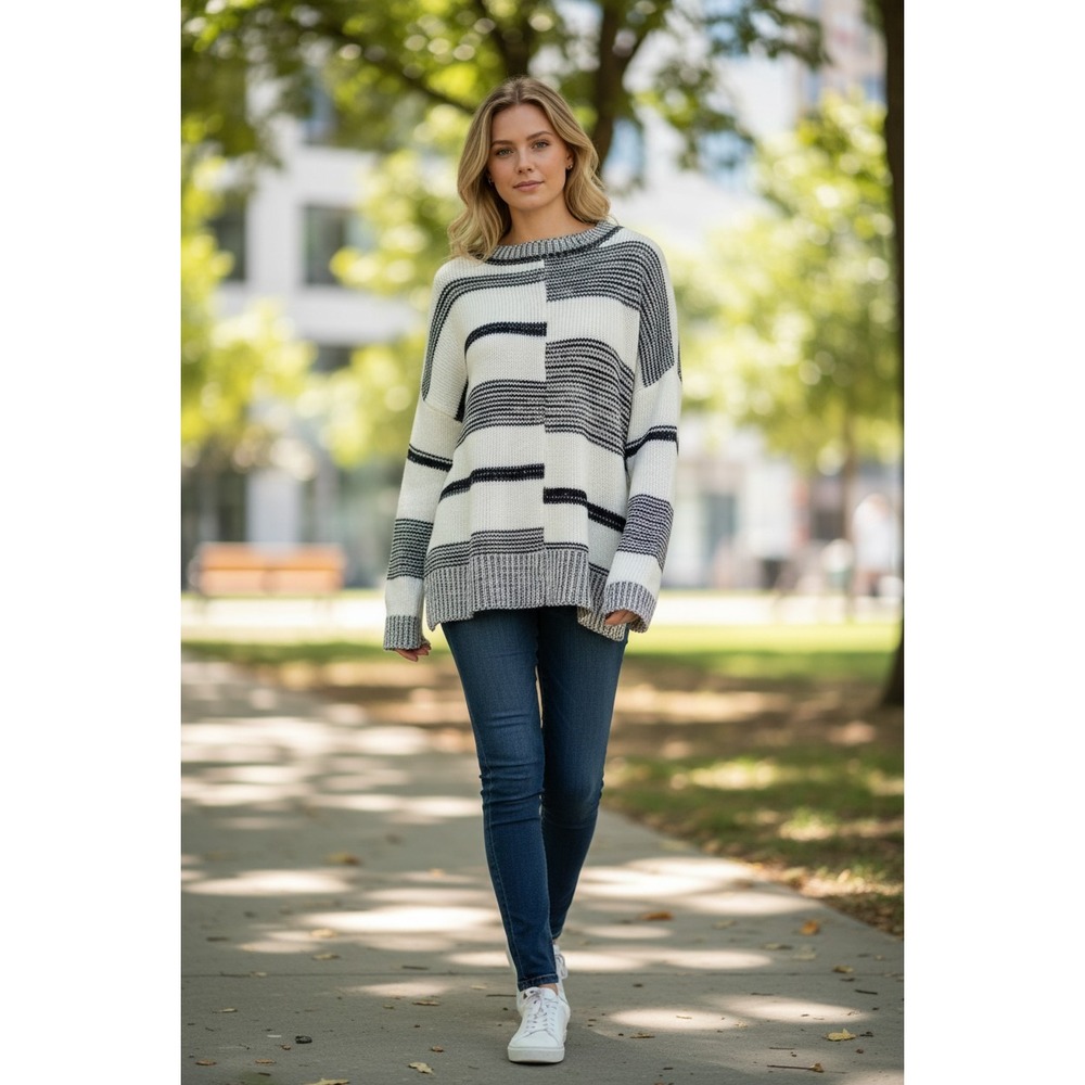 ECOWISH Women's Striped Patchwork Knit Sweater Size S